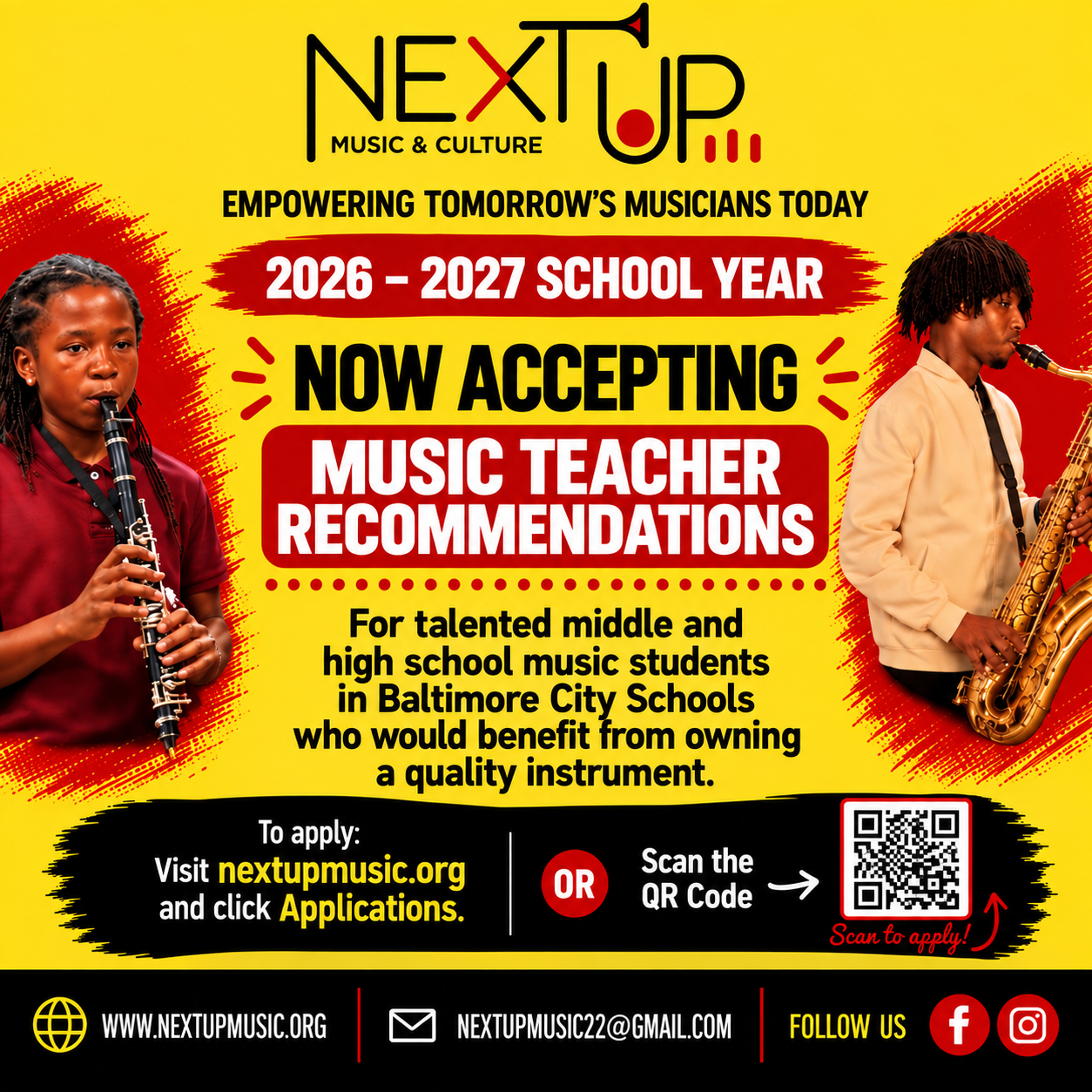 Next Up Music & Culture is accepting music teacher recommendations for the 2026–2027 school year. Talented middle and high school music students in Baltimore City Schools may apply for a quality instrument. Select this flyer to visit Applications.
